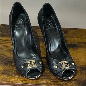 Tory Burch Black Leather Peep-Toe Wedge with Gold Logo Accent size 8M